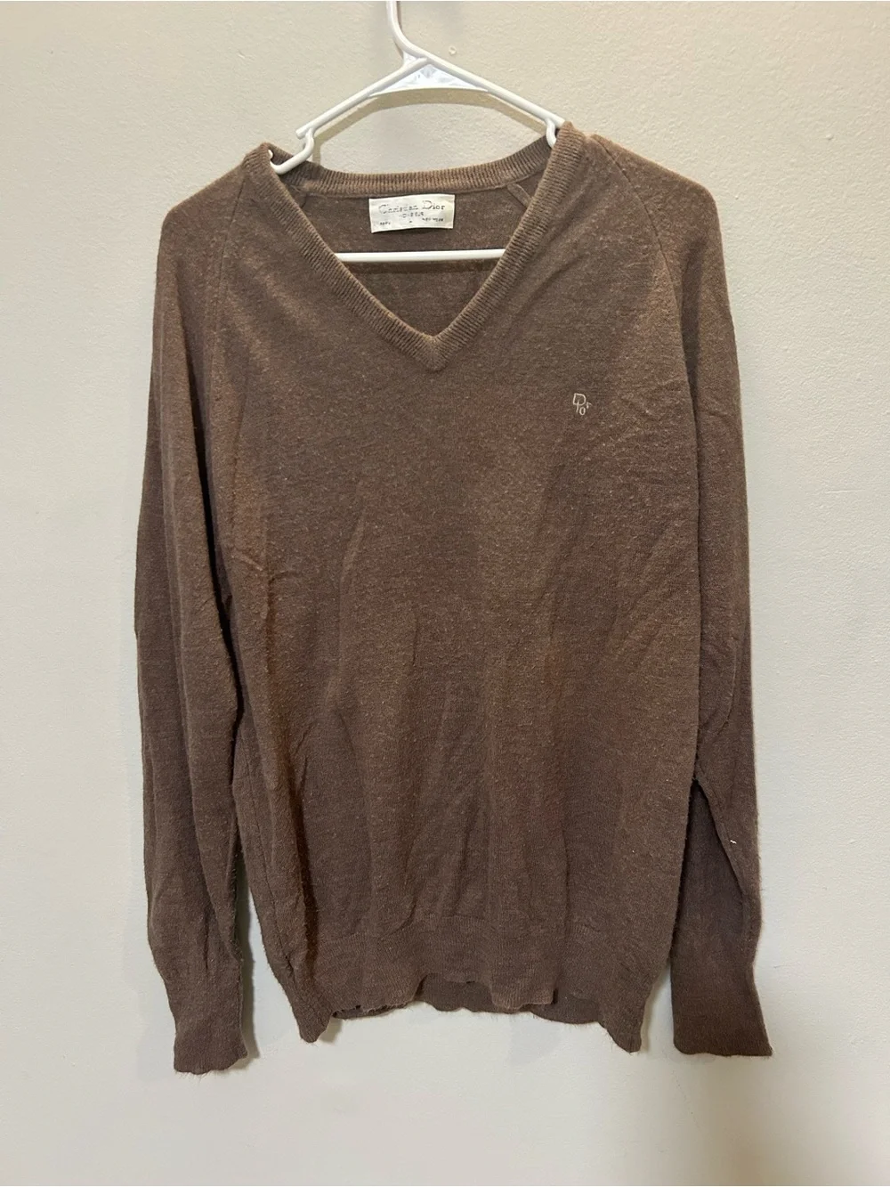 VintageChristian Dior Monsieur Brown V-Neck Orlon Sweater Embroidered Logo 0285
